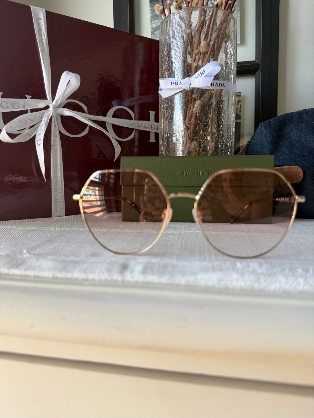 Longchamp Gold Frame Sunglasses with Pink Tint Lenses